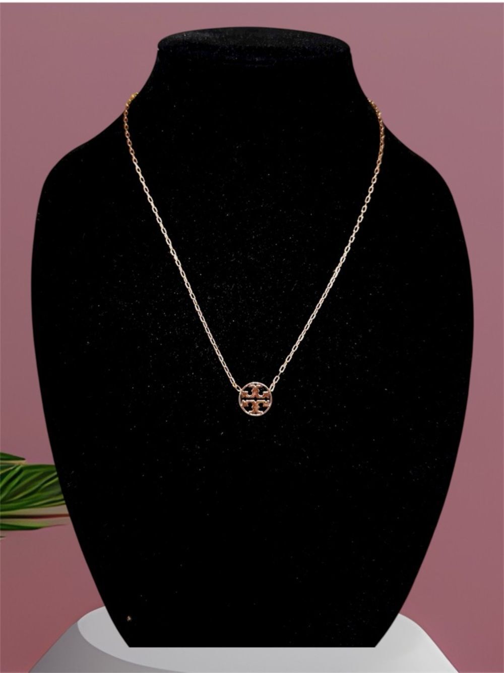 TORY BURCH ROSE GOLD LOGO PENDANT NECKLACE